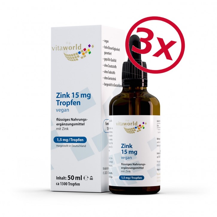 3er Pack Zink Tropfen 15 mg 3 x 50 ml (ca. 1300 tropfen), Hoch bioverfügbare Zink-Verbindung, Leicht Dosierbar, Vegan