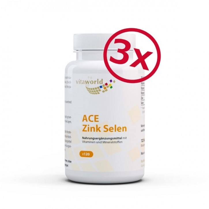 Pack de 3 ACE Zinc + Sélénium 3 x 120 Capsule Végétalien Supplémentaires en Vitamines A, C et E en Dosage Optimal