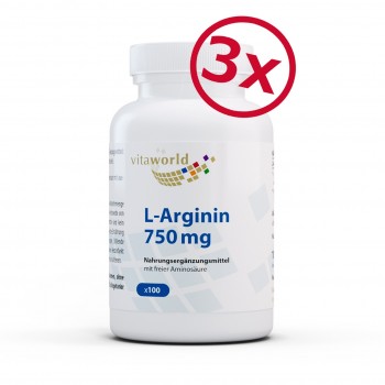 Pack de 3 L-Arginine 750 mg 3 x 100 Capsules Végétalien/Végétarien