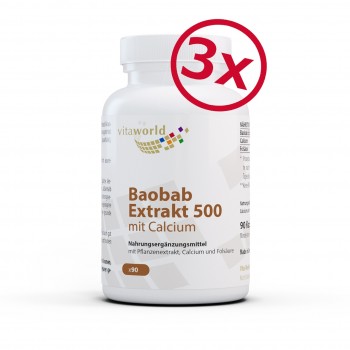 Pack de 3 Extrait de Baobab 500 avec Calcium et Acide Folique 3 x 90 Capsules Végétalien/Végétarien