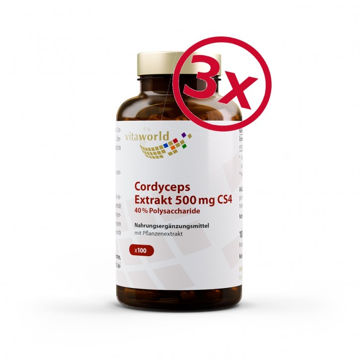 Pack de 3 Extrait de Cordyceps Premium CS4 500 mg 40% Polysaccharides 3 x 100 Capsules Végétalien