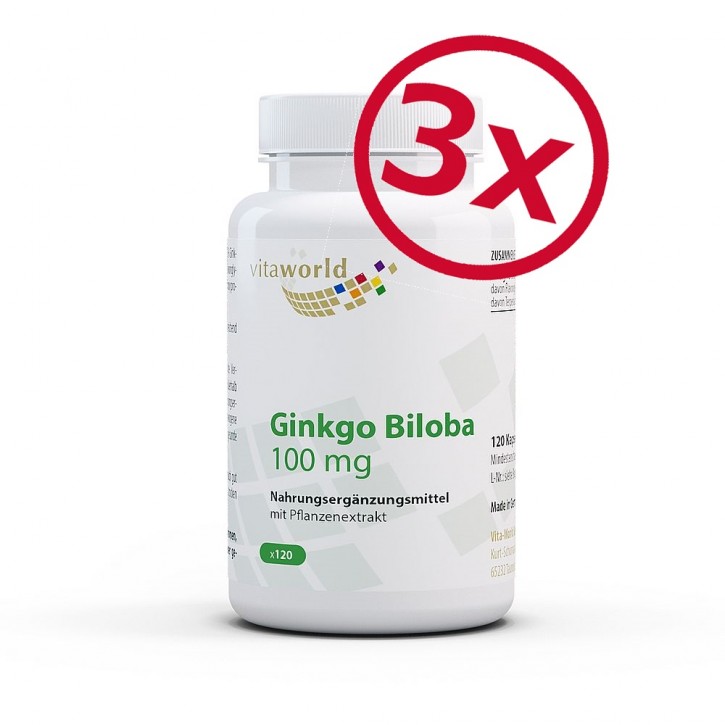 Pack de 3 Ginkgo Biloba 100 mg Extrait 3 x 120 Capsule Vegan 50:1 24% Flavonoïdes et 6% Terpénlactones