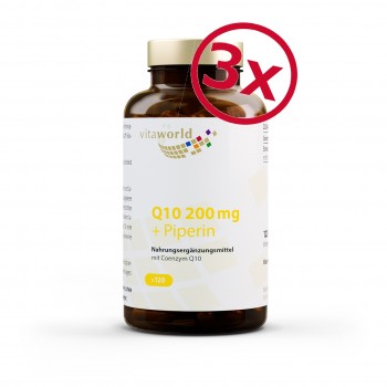 Pack de 3 Q10 200 mg + Piperina Q10 100% Natural - Dosis Alta 3 x 120 Cápsulas Vegano/Vegetariano