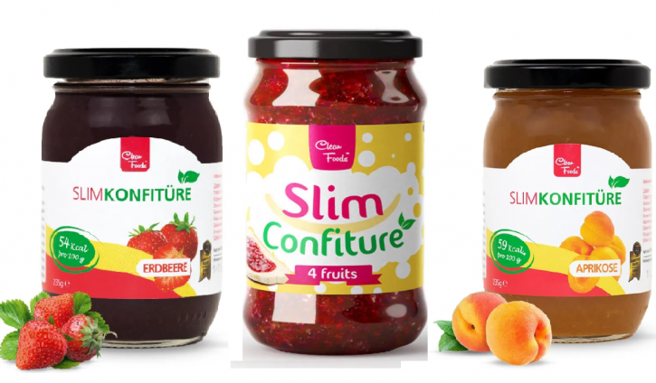 CleanFoods SlimKonfitüre Mix Erdbeere, Aprikose, 4 Fruits l 235 g l 90% weniger Zucker als gewöhnliche Konfitüren l Vegan