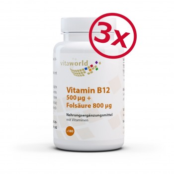 Pack of 3 Vitamin B12 500 µg + Folic Acid 800 µg High Dosage 3 x 180 Tablets Vegan / Vegetarian