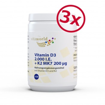 3 Pack Vitamin D3 2000 I.U. + K2 MK7 200mcg 3 x 120 Tablets