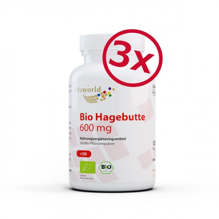 Pack of 3 Rosehip 600 mg Organic 3 x 120 Capsules Vegan 100% Pure Hagebutte