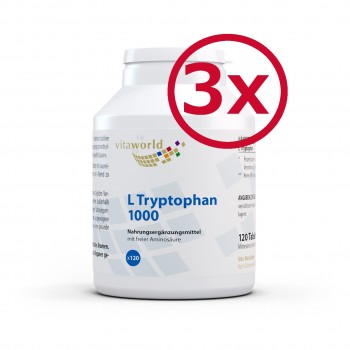Pack de 3 L-Tryptophane 1000 mg DOSAGE ÉLEVÉ 3 x 120 Comprimés Végétalien/Végétarien - Un seul comprimé par jour