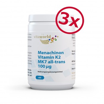 3 Pack Menaquinone vitamin K2 MK7 all-trans 100µg 3 x 60 Capsules Vegetarian/Vegan