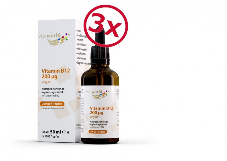3er Pack Vitamin B12 Tropfen 200 µg 3 x 50 ml (ca. 1100 Tropfen), Hohe Bioverfügbarkeit, Hochdosiert, Vegan