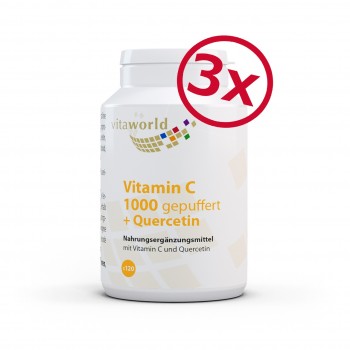 Pack di 3 Vitamina C 1000 Tamponata + Quercetina ALTO DOSAGGIO 3 x 120 Compresse Vegano/Vegetariano