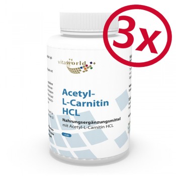Pack di 3 Acetil Carnitina HCL 1000mg per capsula 3 x 120 capsule elevata biodisponibilità Vegano/Vegetariano