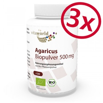 3er Pack Agaricus Biopulver 500 mg 3 x 120 Kapseln Vegan/Vegetarisch