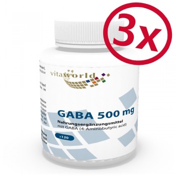 3 Pack GABA 500mg 3 x 120 Capsules (gamma-Aminobutyric acid)