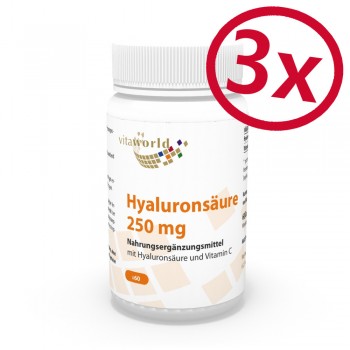 Pack de 3 Acide Hyaluronique 250 mg + Vitamine C 3 x 60 Capsules Végétarien/Végétalien