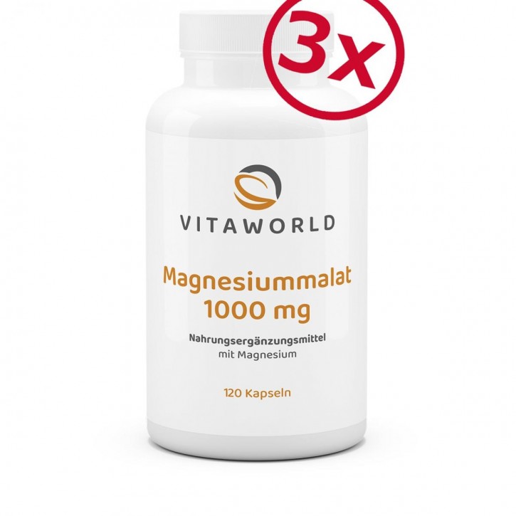 Pack de 3 Malato de Magnesio 1000 mg 3 x 120 Cápsulas Vegano de Alta Dosificación y Libre de Aditivos 150 mg de Magnesio Elemental por Cápsula