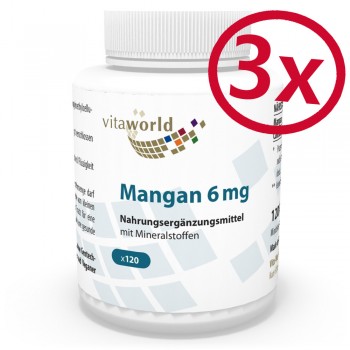Pack de 3 Manganèse avec des Minéraux  6 mg 3 x 120 Capsules Végétarien/Végétalien