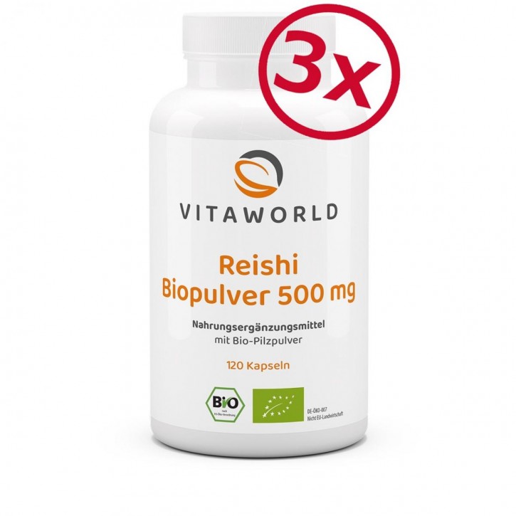 Pack di 3 Polvere Organica di Reishi 500 mg 3 x 120 Capsule VEGANO / VEGETARIANO Ganoderma lucidum