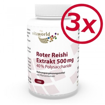 3er Pack Premium Roter Reishi Extrakt 500mg 40% Polysaccharide 3 x 100 Kapseln VEGAN/VEGETARISCH