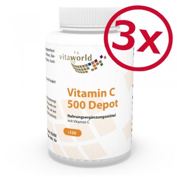 3er Pack Vitamin C 500 Depot mit Langzeitwirkung 3 x 120 Kapseln Vegan/Vegetarisch