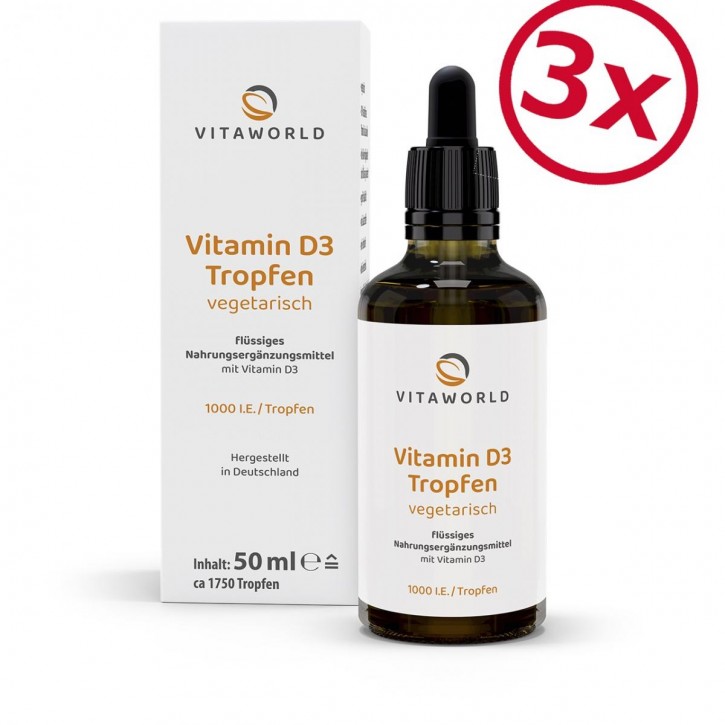 3er Pack Vitamin D3 Tropfen 1.000 I.E. 3 x 50 ml Vegetarisch