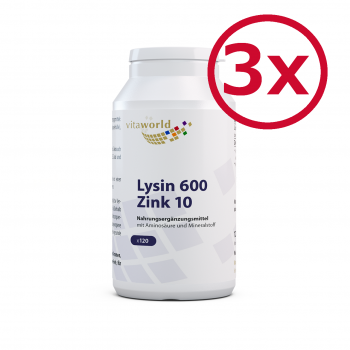 Pack de 3 Lysine 600 mg Plus Zinc 10 mg 3 x 120 Capsules Végétarien/Végétalien