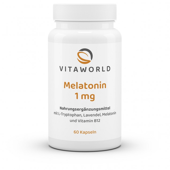Melatonin 1 mg 60 Kapseln Vegan Plus Lavendel-Extrakt 50mg, Tryptophan 200mg und Vitamin B12