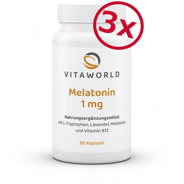 3er Pack Melatonin 1 mg 3 x 60 Kapseln Vegan Plus Lavendel-Extrakt 50mg, Tryptophan 200mg und Vitamin B12