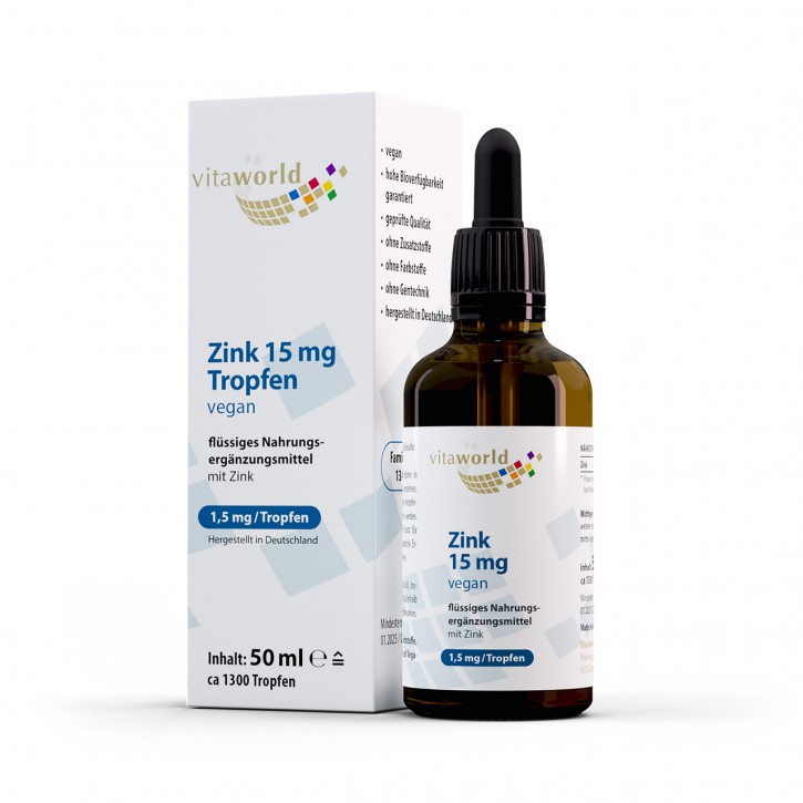 Gotas de Zinc 15 mg 50 ml (aprox. 1300 gotas), Compuesto de Zinc Altamente Biodisponible, Fácil de Dosificar, Vegano