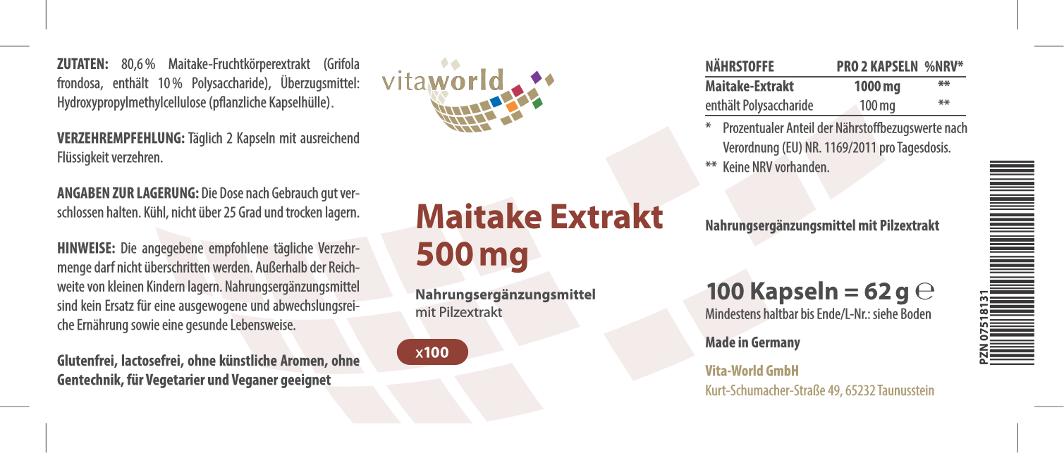 Maitake 10:1 Extrakt Kapseln 120 x Stück1600 mg Tagesportion 1 Monatspack 