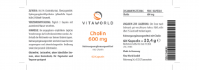 3 Pack Choline 600mg 3 x 60 Capsules Vegan Free From Additives Natural, High Bioavailability 600mg Per Daily Dose