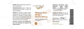 Vitamine B12 500 µg + Acide Folique 800 µg Forte Dose 180 Comprimés Vegan / Végétarien